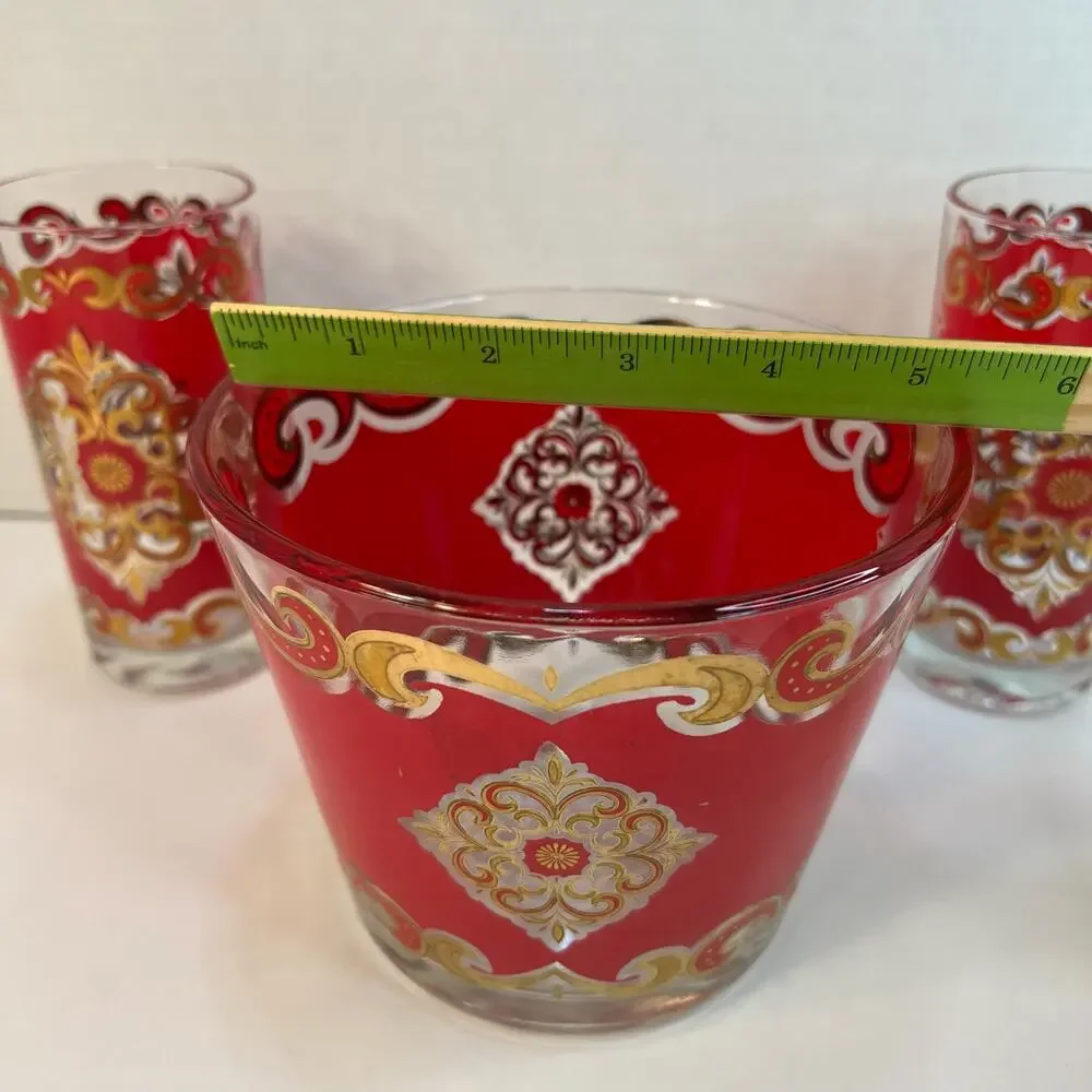 Starlyte Culver Red & 24K Gold Baroque Medallion Cocktail Ice Bucket & 2 Gasses
